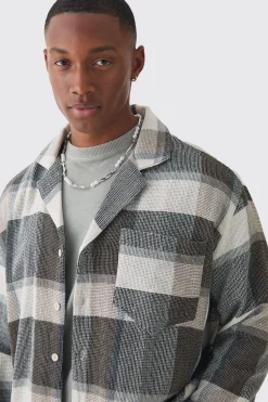 Long Sleeve Oversized Textured Check Shirt | BoohooMAN UK