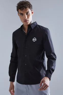 Long Sleeve Poplin Mini Chest Embroidery Shirt | BoohooMAN UK
