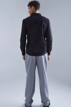 Long Sleeve Poplin Mini Chest Embroidery Shirt | BoohooMAN UK