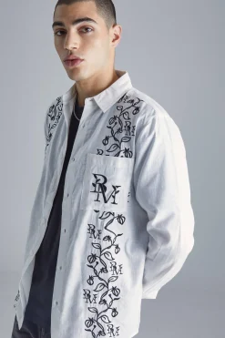 Long Sleeve Poplin Vine Embroidery Shirt | BoohooMAN UK