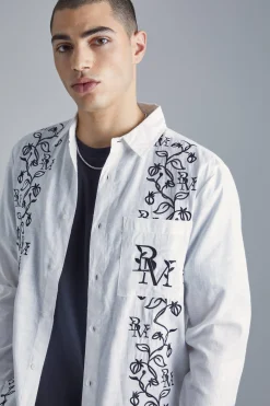Long Sleeve Poplin Vine Embroidery Shirt | BoohooMAN UK