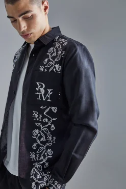 Long Sleeve Poplin Vine Embroidery Shirt | BoohooMAN UK