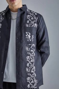 Long Sleeve Poplin Vine Embroidery Shirt | BoohooMAN UK