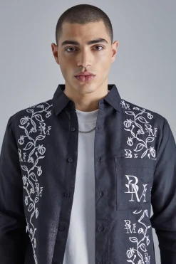 Long Sleeve Poplin Vine Embroidery Shirt | BoohooMAN UK