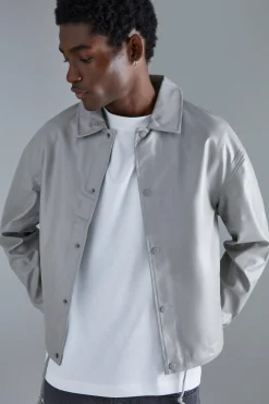 Long Sleeve Pu Boxy Popper Cord Overshirt | BoohooMAN UK