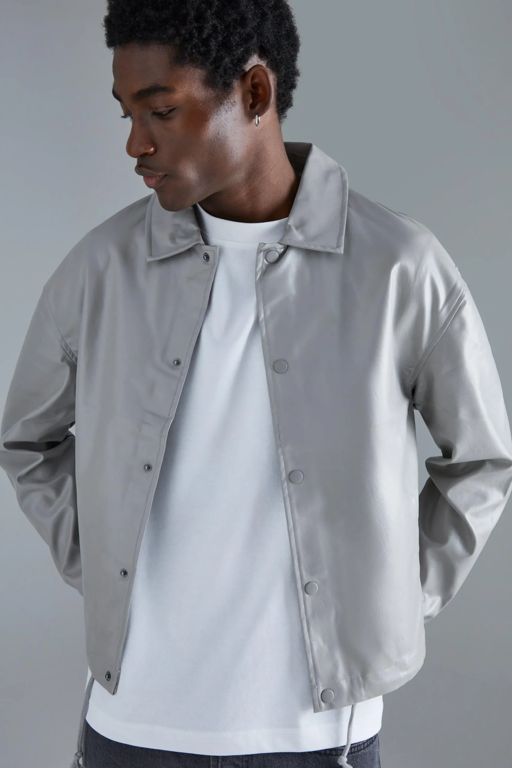 Long Sleeve Pu Boxy Popper Cord Overshirt | BoohooMAN UK