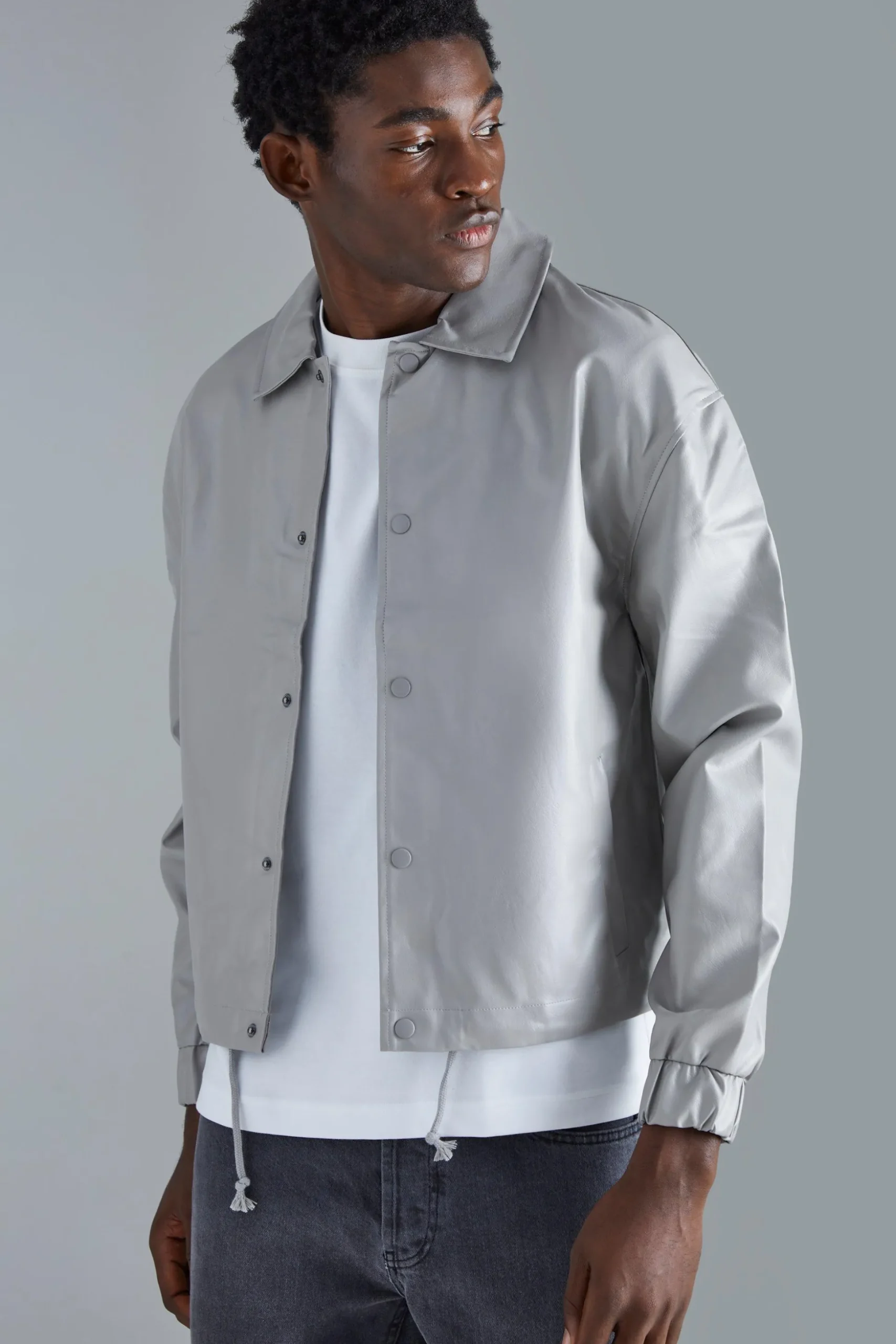 Long Sleeve Pu Boxy Popper Cord Overshirt | BoohooMAN UK