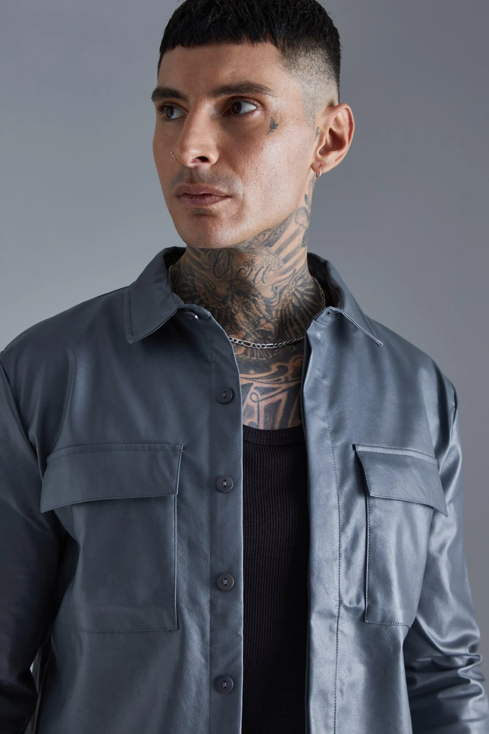 Long Sleeve Regular Fit Pu Overshirt | BoohooMAN UK