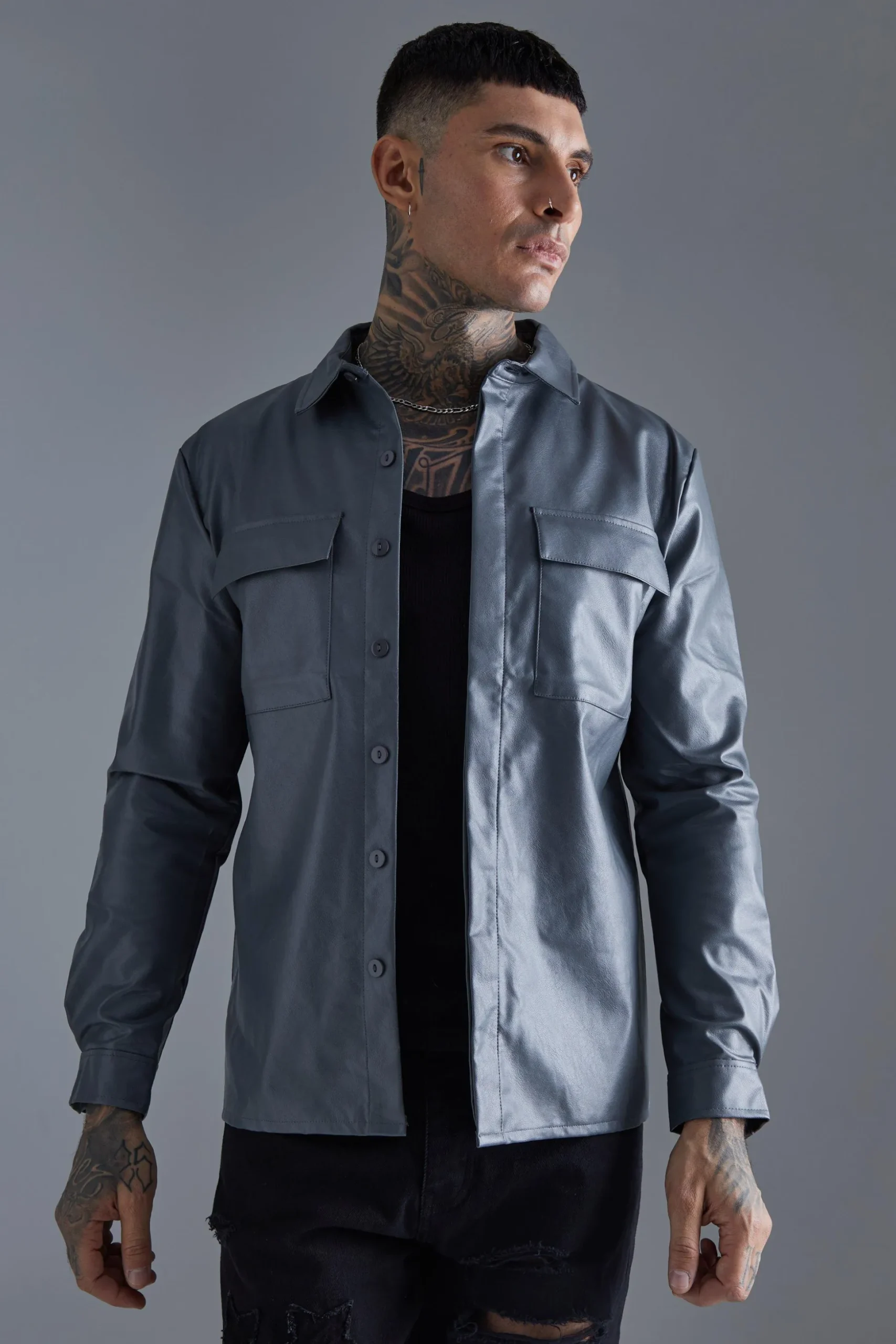 Long Sleeve Regular Fit Pu Overshirt | BoohooMAN UK