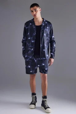 Long Sleeve Revere Barbwire Satin Short Set | BoohooMAN UK