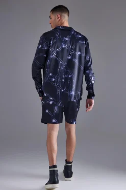 Long Sleeve Revere Barbwire Satin Short Set | BoohooMAN UK
