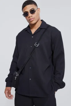 Long Sleeve Revere Oversized Pleated Shirt | BoohooMAN UK