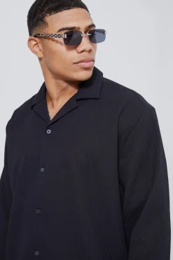 Long Sleeve Revere Oversized Pleated Shirt | BoohooMAN UK