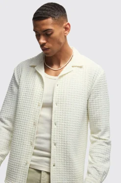 Long Sleeve Revere Waffle Shirt | BoohooMAN UK