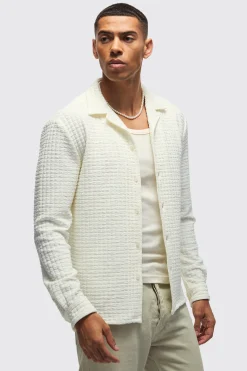 Long Sleeve Revere Waffle Shirt | BoohooMAN UK