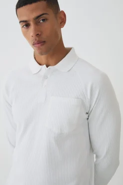 Long Sleeve Rib Pocket Polo | BoohooMAN UK