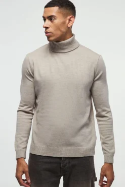 Long Sleeve Roll Neck Jumper In Stone | BoohooMAN UK