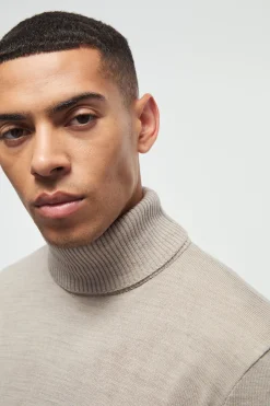 Long Sleeve Roll Neck Jumper In Stone | BoohooMAN UK