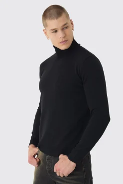 Long Sleeve Roll Neck Jumper In Black | BoohooMAN UK