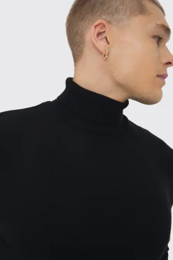 Long Sleeve Roll Neck Jumper In Black | BoohooMAN UK