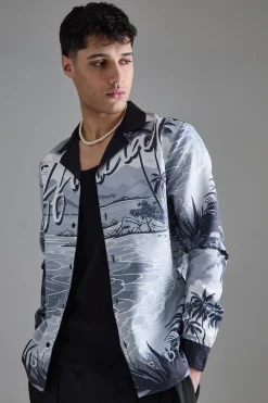 Long Sleeve Satin Beach Shirt | BoohooMAN UK