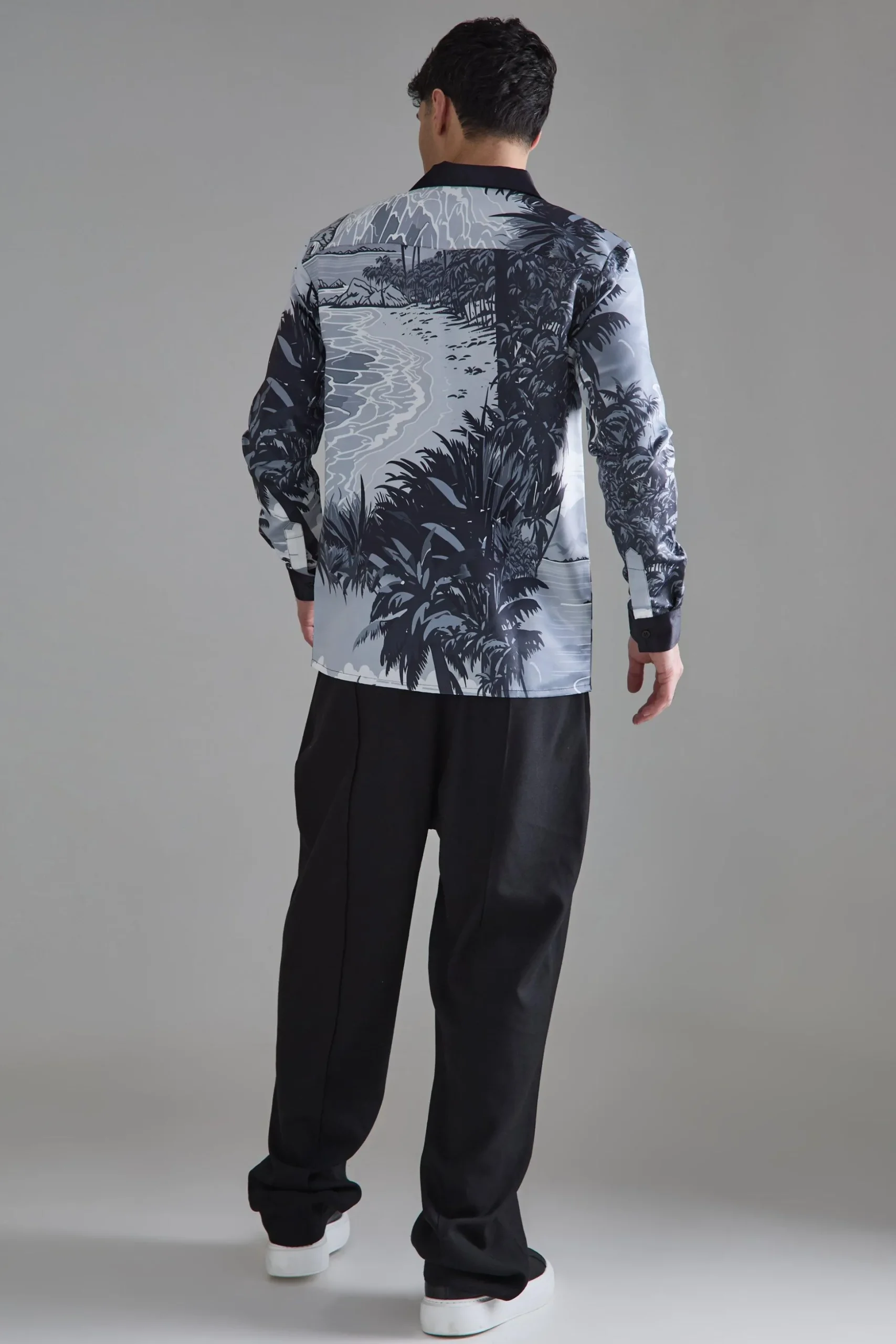Long Sleeve Satin Beach Shirt | BoohooMAN UK