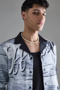 Long Sleeve Satin Beach Shirt | BoohooMAN UK