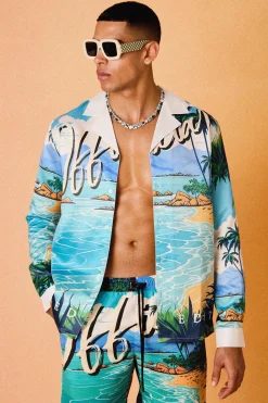 Long Sleeve Satin Beach Shirt | BoohooMAN UK