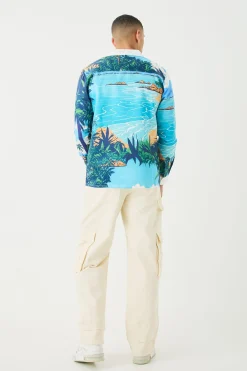 Long Sleeve Satin Beach Shirt | BoohooMAN UK