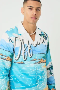 Long Sleeve Satin Beach Shirt | BoohooMAN UK