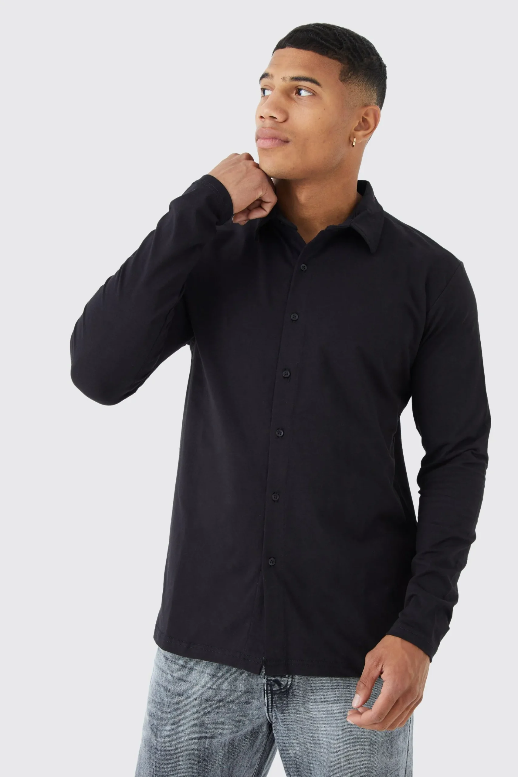 Long Sleeve Slim Fit Jersey Shirt | BoohooMAN UK