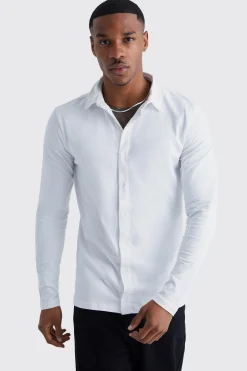 Long Sleeve Stretch Fit Jersey Shirt | BoohooMAN UK
