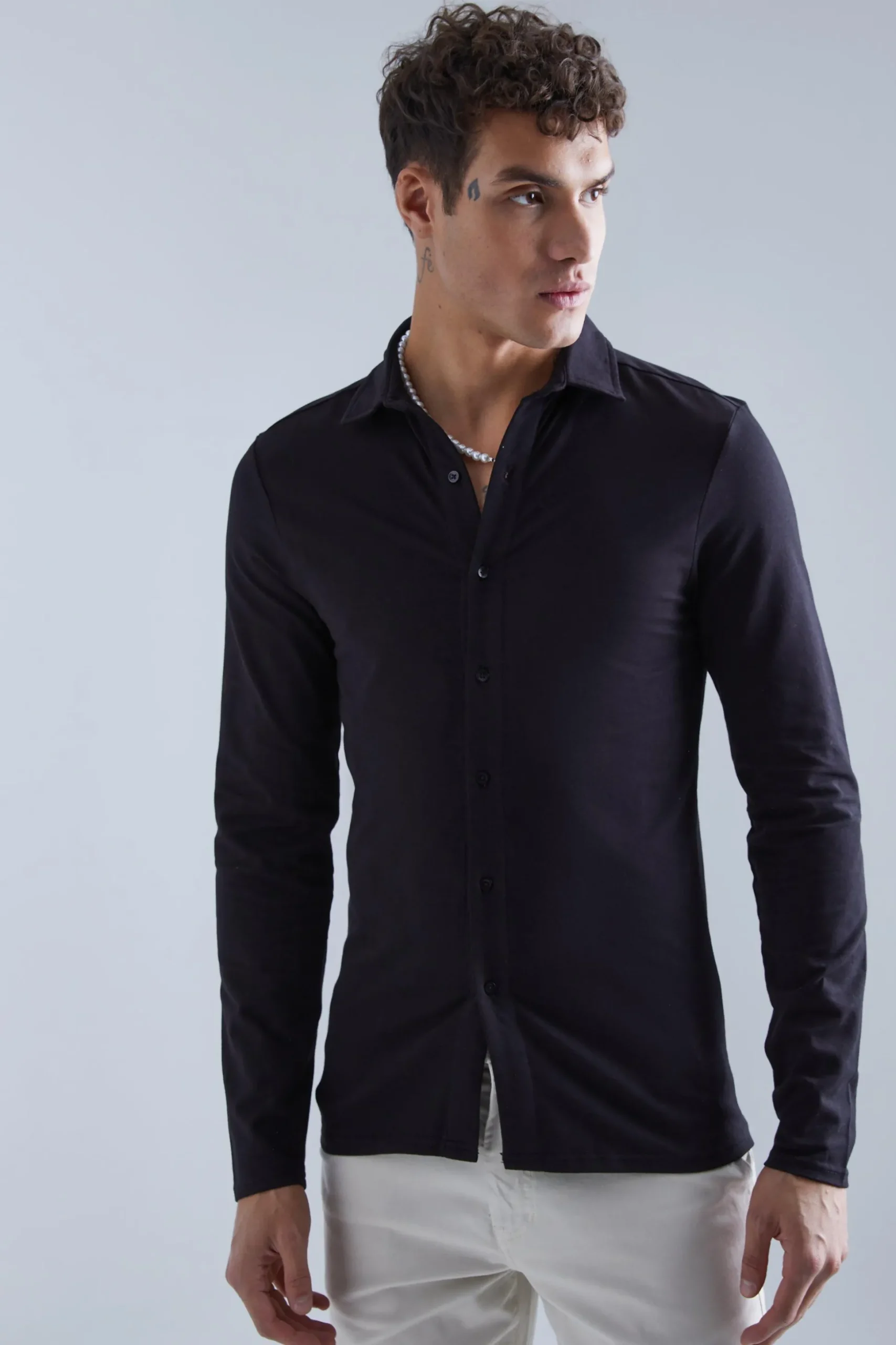 Long Sleeve Stretch Fit Jersey Shirt | BoohooMAN UK