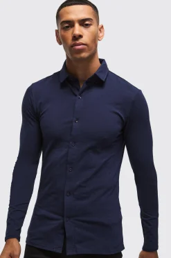 Long Sleeve Stretch Fit Jersey Shirt | BoohooMAN UK