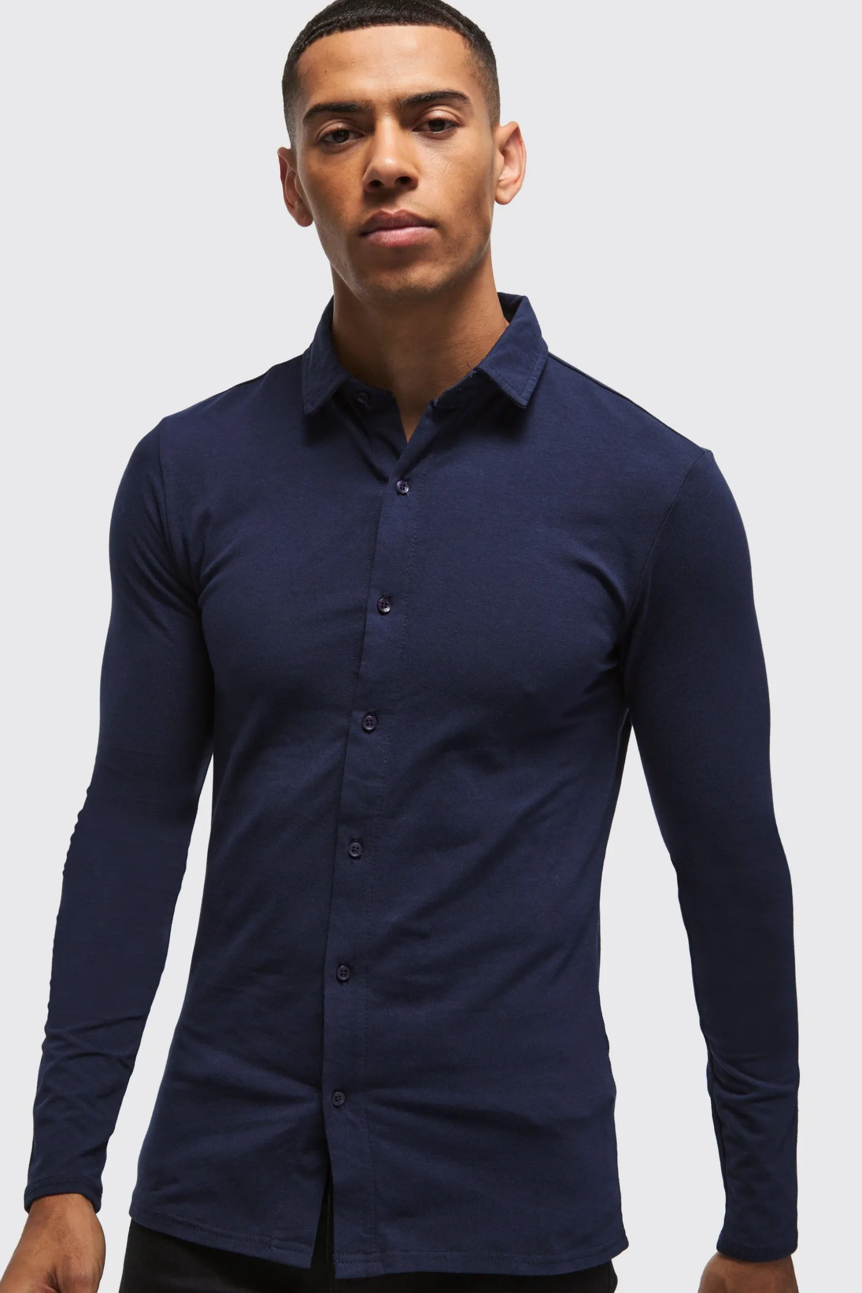 Long Sleeve Stretch Fit Jersey Shirt | BoohooMAN UK