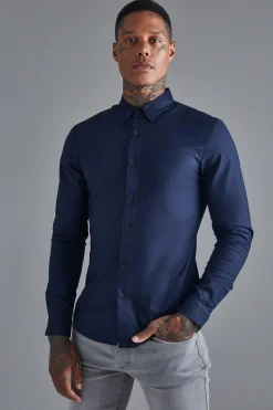 Long Sleeve Stretch Fit Shirt | BoohooMAN UK