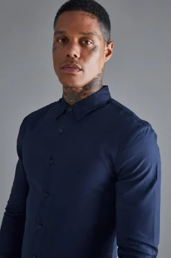 Long Sleeve Stretch Fit Shirt | BoohooMAN UK