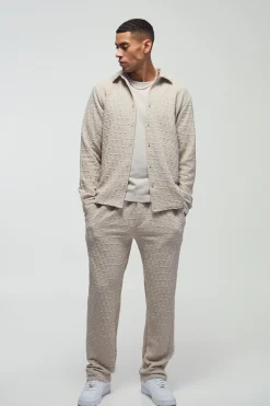 Long Sleeve Textured Stretch Shirt And Trousers Set | BoohooMAN UK