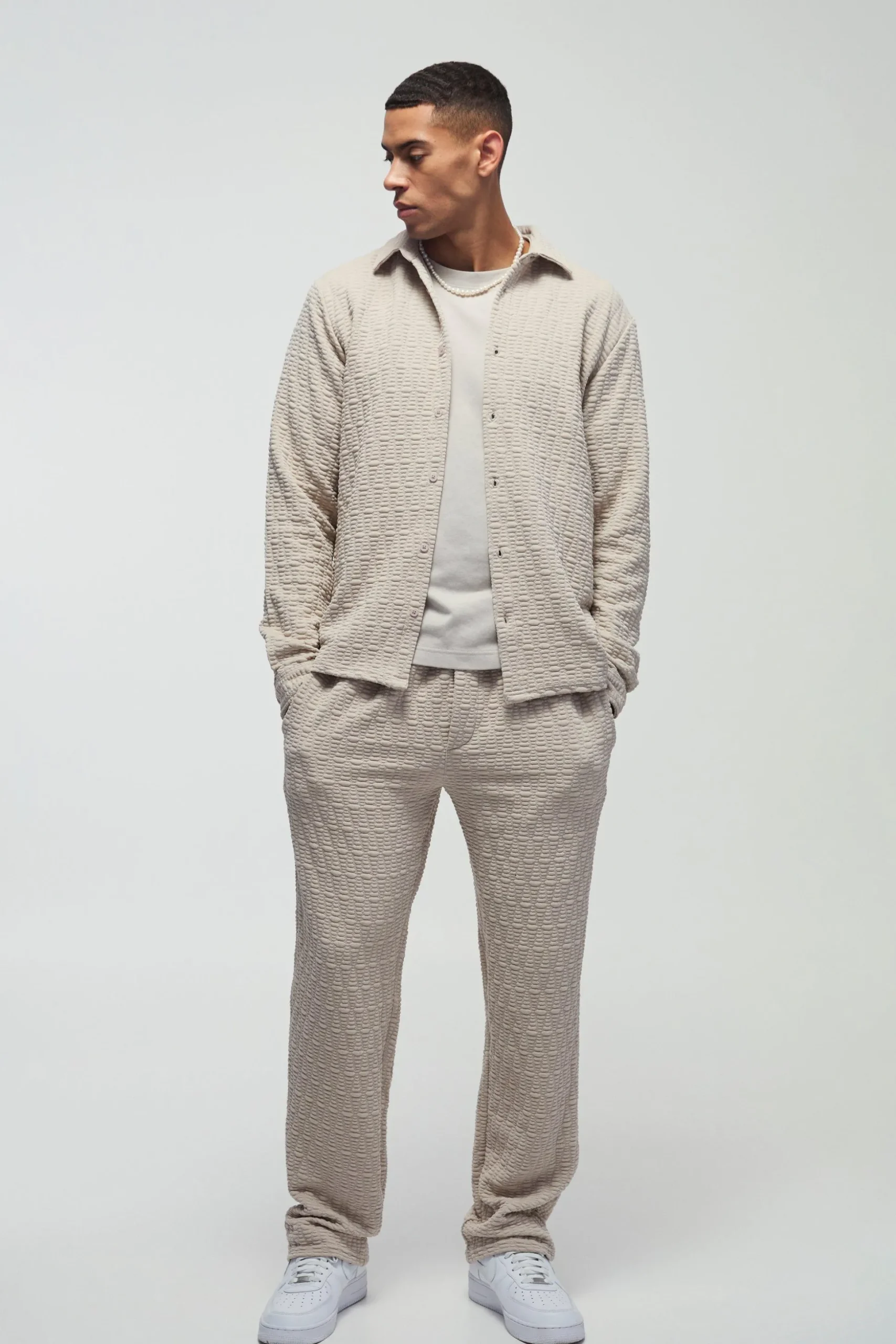 Long Sleeve Textured Stretch Shirt And Trousers Set | BoohooMAN UK
