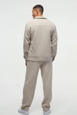 Long Sleeve Textured Stretch Shirt And Trousers Set | BoohooMAN UK
