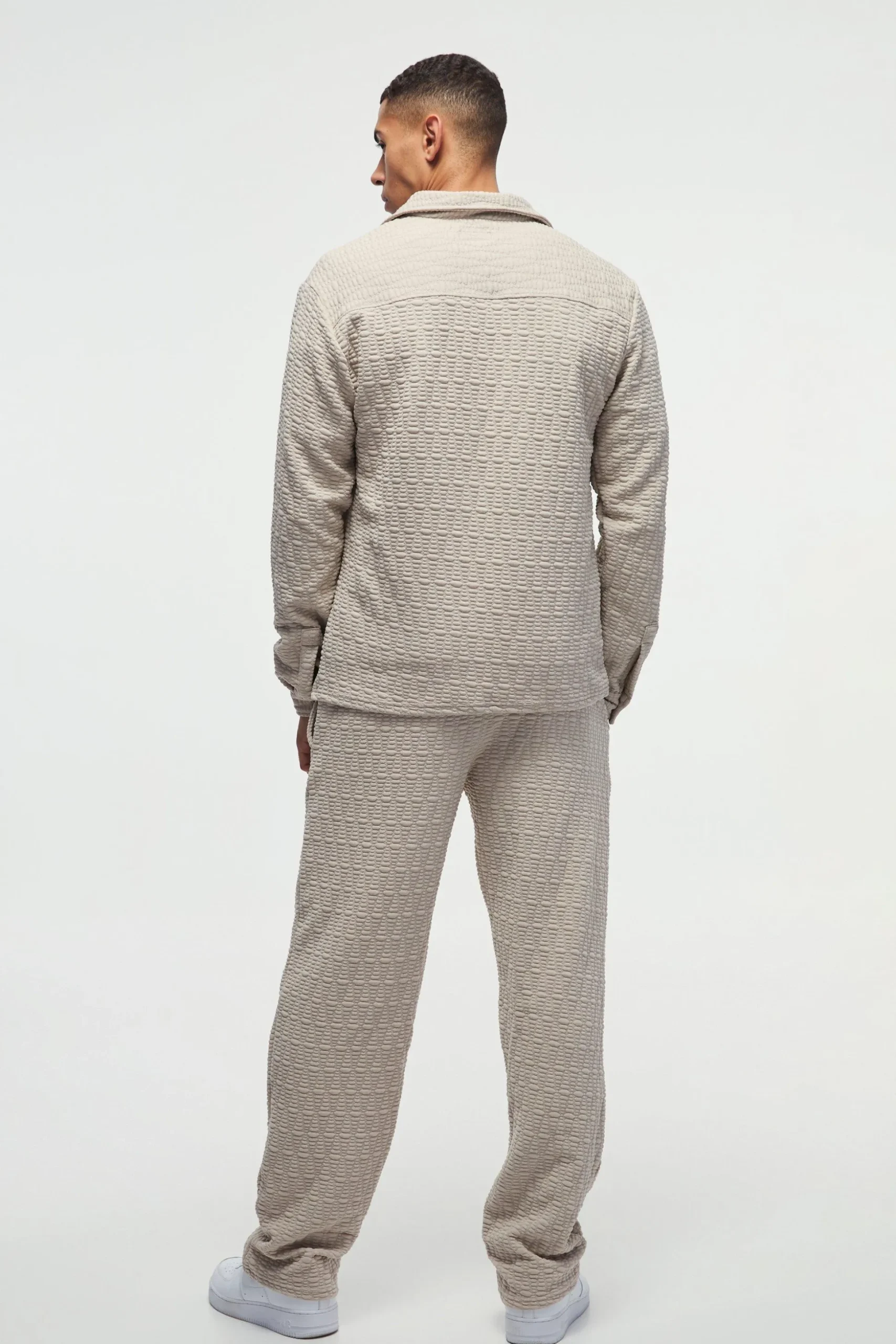 Long Sleeve Textured Stretch Shirt And Trousers Set | BoohooMAN UK
