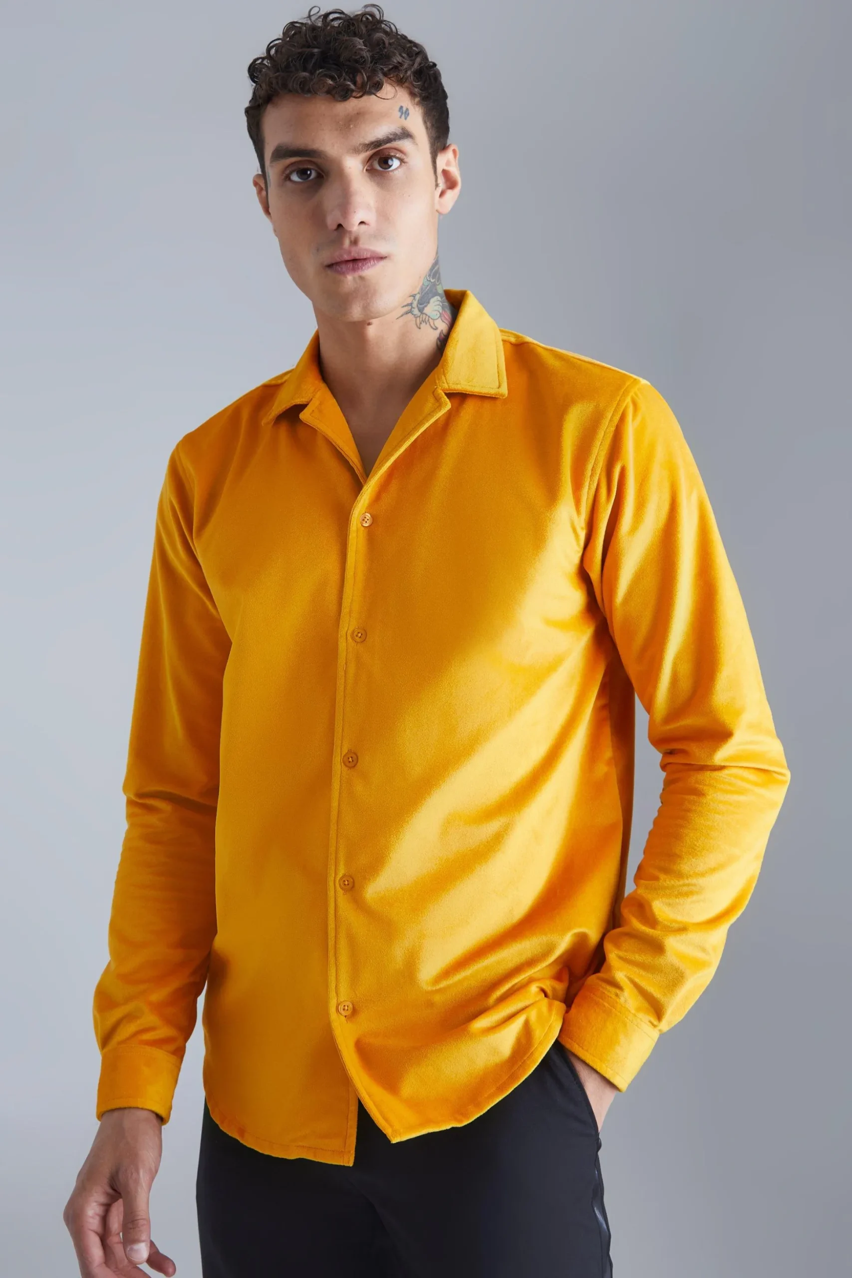 Long Sleeve Velour Revere Shirt | BoohooMAN UK