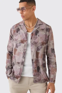 Long Sleeve Viscose Brown Patchwork Shirt | BoohooMAN UK