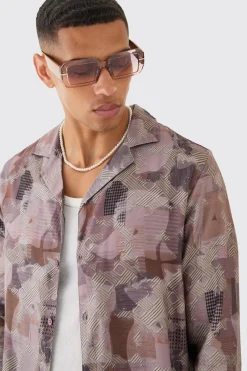 Long Sleeve Viscose Brown Patchwork Shirt | BoohooMAN UK