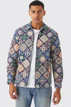 Long Sleeve Zip Through Diamond Tapestry Overshirt | BoohooMAN UK