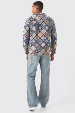 Long Sleeve Zip Through Diamond Tapestry Overshirt | BoohooMAN UK