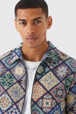 Long Sleeve Zip Through Diamond Tapestry Overshirt | BoohooMAN UK
