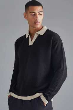 Long Sleeved Oversized Contrast Collar Knitted Polo | BoohooMAN UK