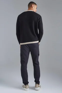 Long Sleeved Oversized Contrast Collar Knitted Polo | BoohooMAN UK