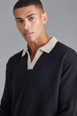 Long Sleeved Oversized Contrast Collar Knitted Polo | BoohooMAN UK